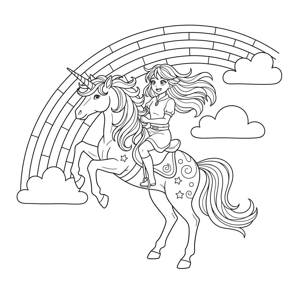 Девочка в стиле аниме скачет на единороге на фоне радуги