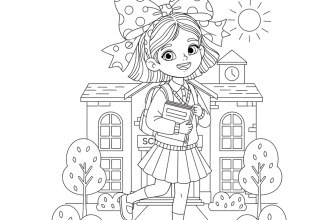 Девочка с большим бантом весело шагает в школу