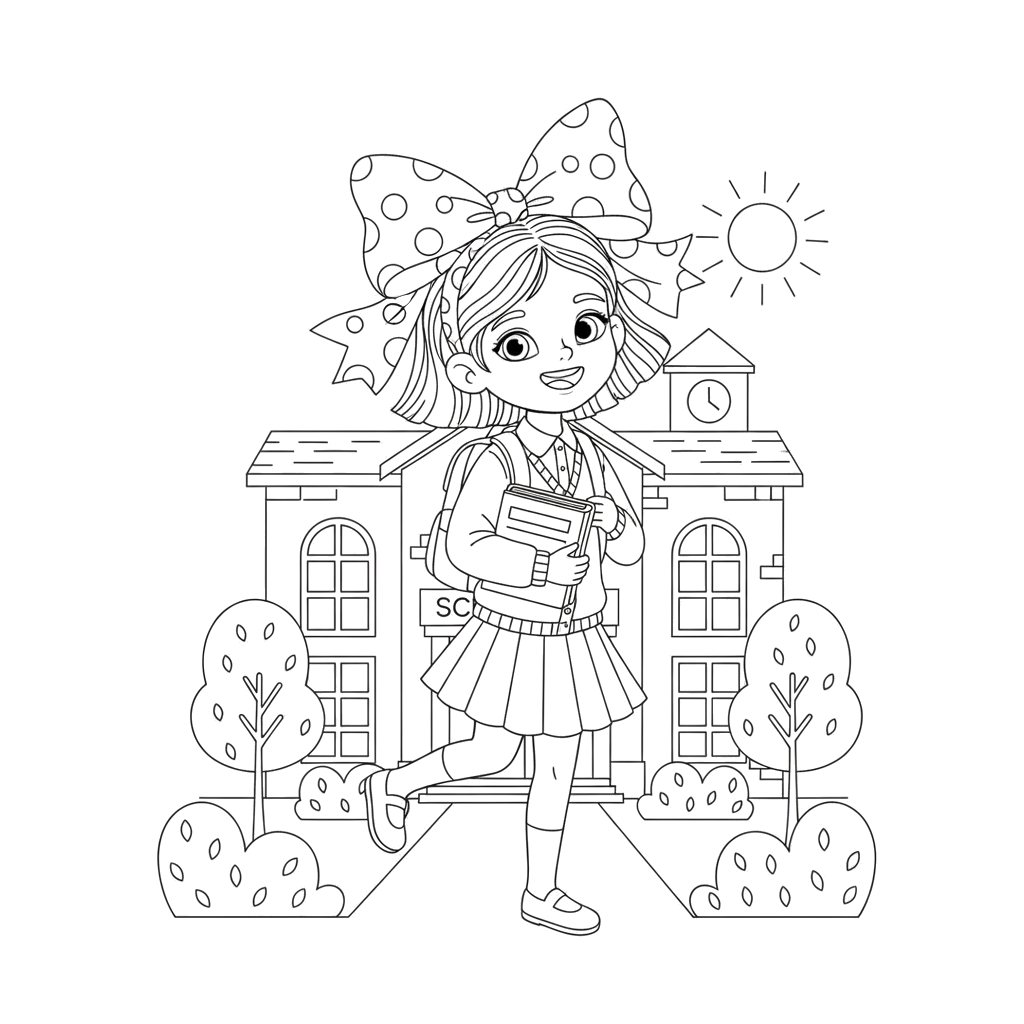 Девочка с большим бантом весело шагает в школу