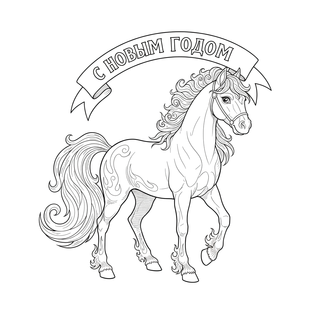 3.Добрая огненная лошадь крупным планом и надпись С НОВЫМ ГОДОМ