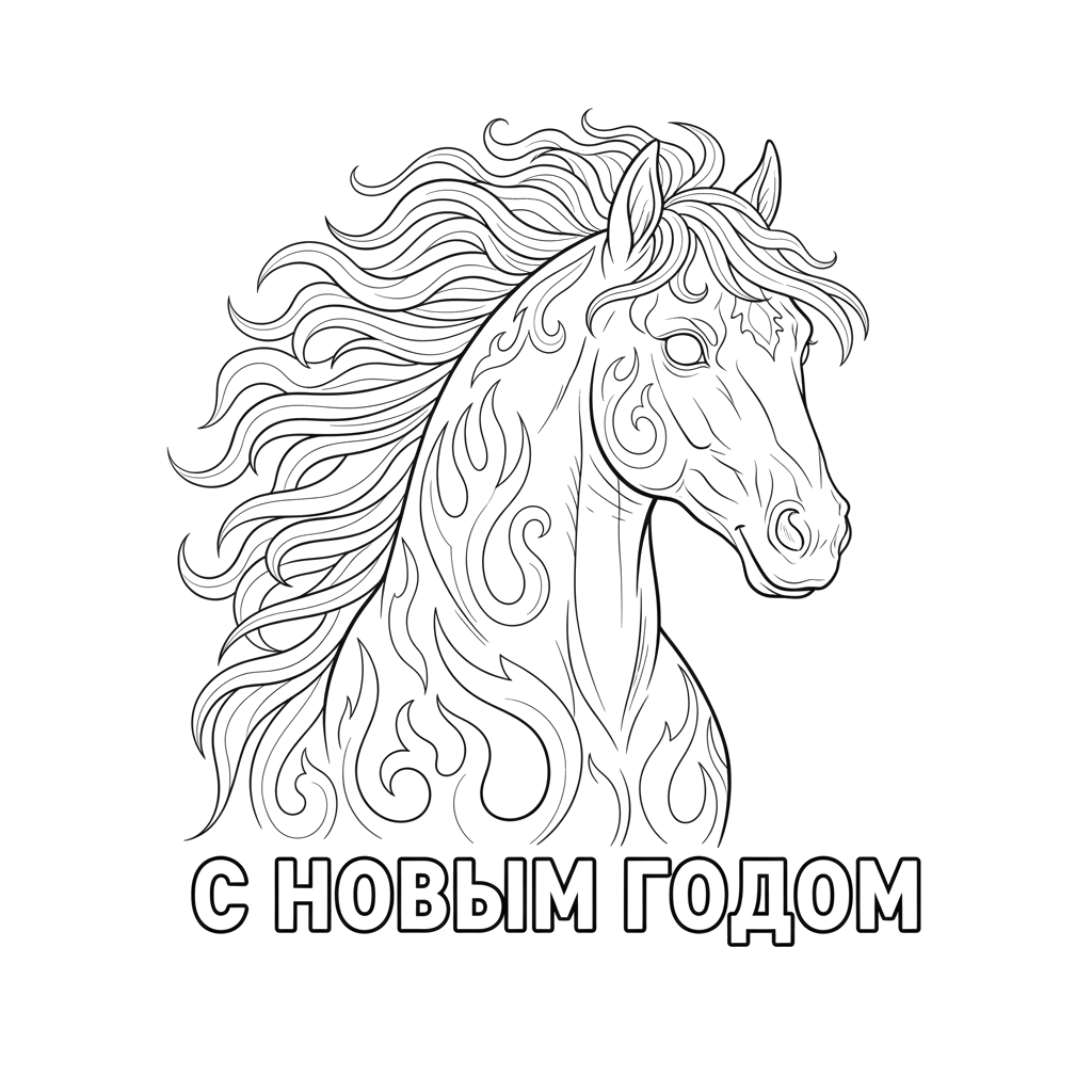 3.Добрая огненная лошадь крупным планом и надпись С НОВЫМ ГОДОМ