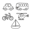 Машина, автобус, велосипед, вертолёт, корабль (каждый на своём «участке» страницы). Простые формы без мелких деталей.