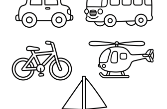 Машина, автобус, велосипед, вертолёт, корабль (каждый на своём «участке» страницы). Простые формы без мелких деталей.
