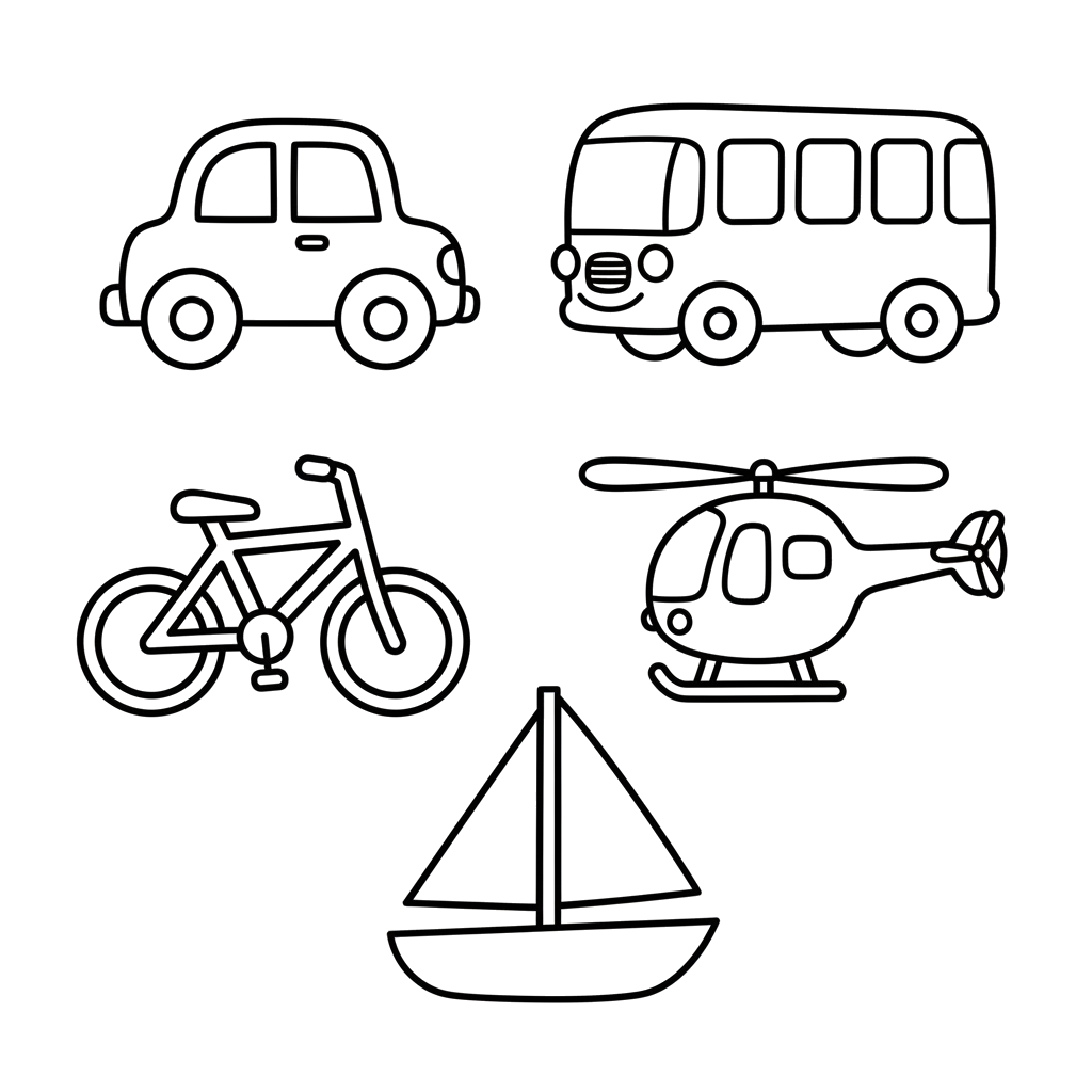 Машина, автобус, велосипед, вертолёт, корабль (каждый на своём «участке» страницы). Простые формы без мелких деталей.