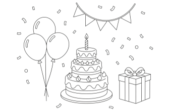 Детский праздник Воздушные шары, флажок, торт со свечкой, подарок в обёртке, конфетти. Всё размещено на одной странице, но изолированно друг от друга.
