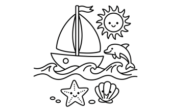 Волны, солнце, парусник, дельфин, морская звезда, ракушка на дне. Минималистичные контуры для лёгкого раскрашивания.