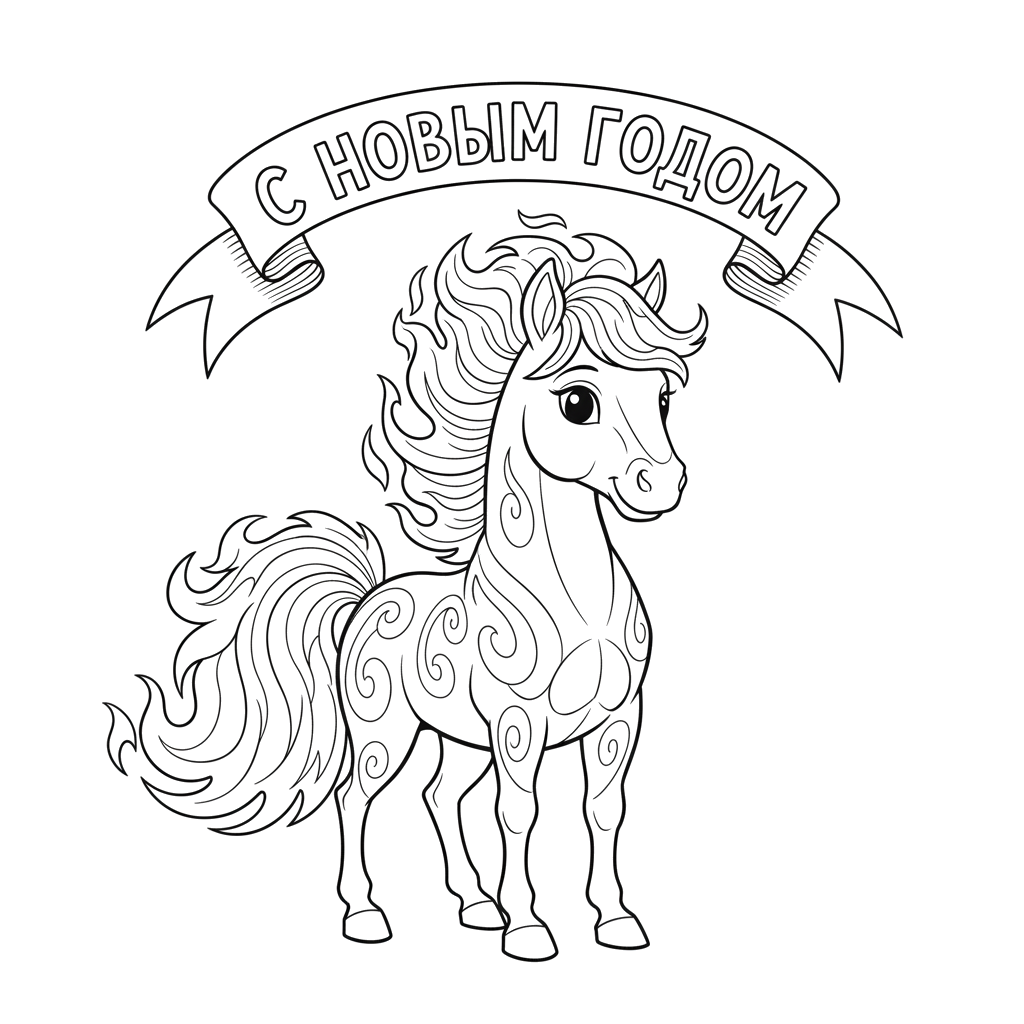 Добрая огненная лошадь крупным планом и надпись С НОВЫМ ГОДОМ