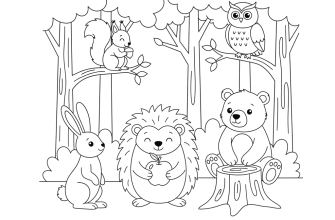 Лесные жители Ёжик с яблоком, заяц, белка на ветке, медведь у пня, сова на суку. Деревья и кусты — простыми контурами.