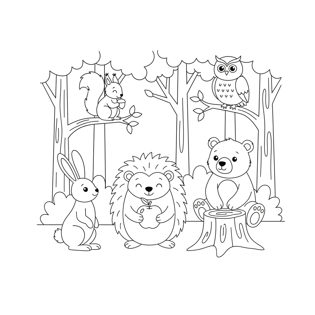 Лесные жители Ёжик с яблоком, заяц, белка на ветке, медведь у пня, сова на суку. Деревья и кусты — простыми контурами.