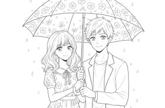 Девушка и парень под зонтом в стиле аниме