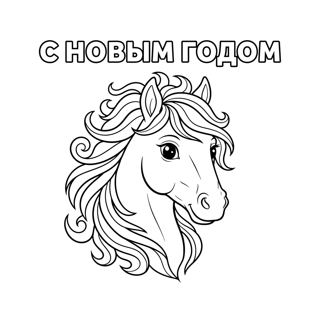 1. Добрая огненная лошадь крупным планом и надпись С НОВЫМ ГОДОМ