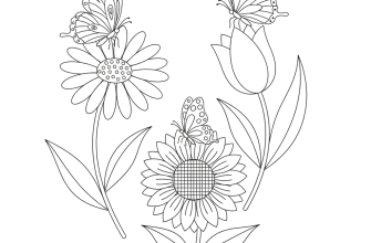 Две‑три бабочки с узорчатыми крыльями, сидящие на крупных цветах (ромашка, тюльпан, подсолнух). Стебли и листья — простыми линиями.