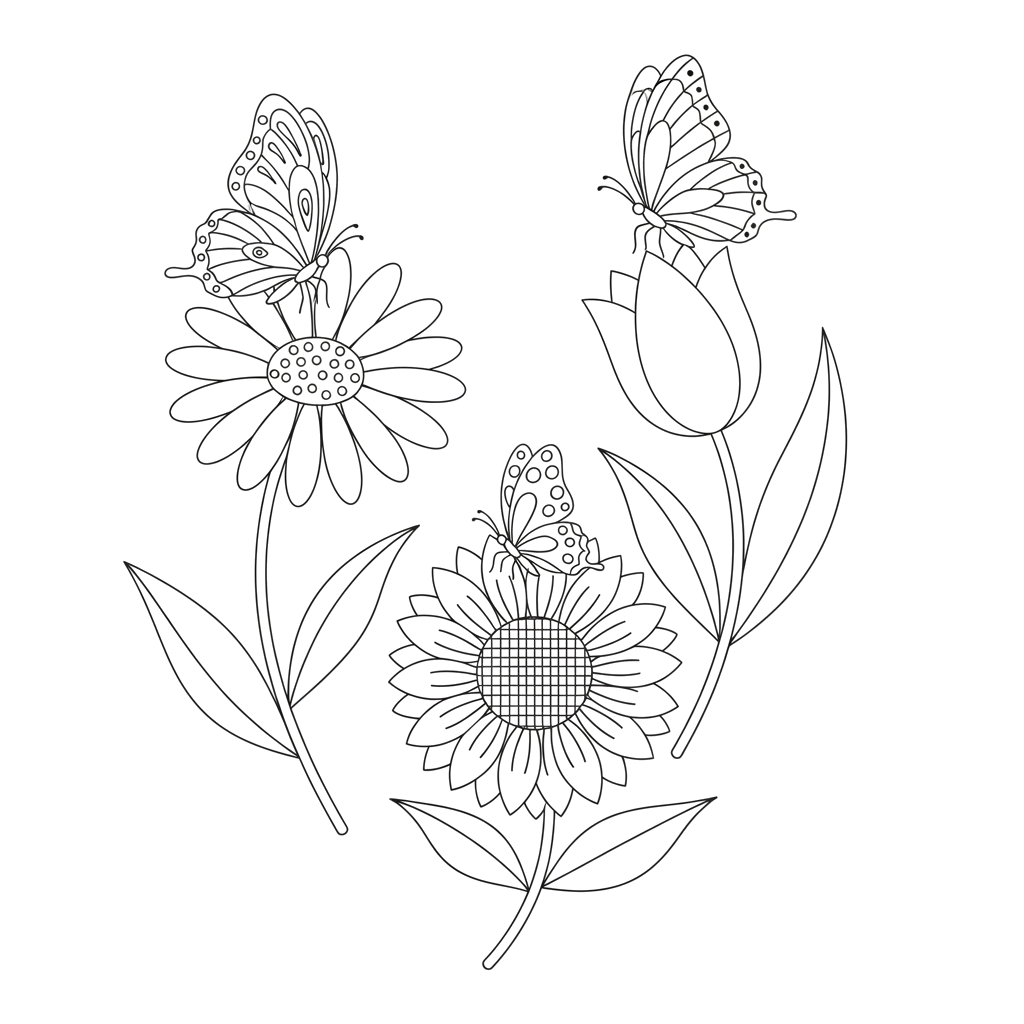 Две‑три бабочки с узорчатыми крыльями, сидящие на крупных цветах (ромашка, тюльпан, подсолнух). Стебли и листья — простыми линиями.