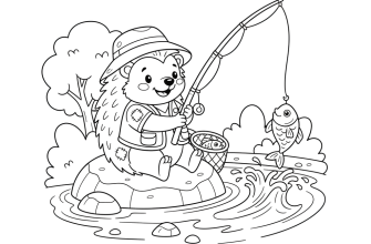 Ежик с удочкой ловит рыбу