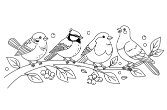 Птицы на ветке Воробей, синица, снегирь, голубь. Ветка с листьями, несколько ягод или семян. Птицы — с чёткими контурами, без сложных перьев.