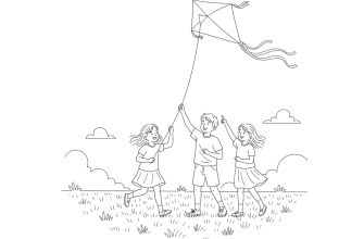 Дети в поле запускают воздушного змея