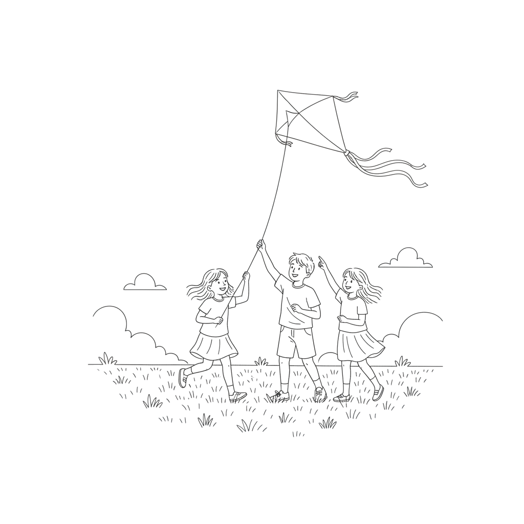 Дети в поле запускают воздушного змея